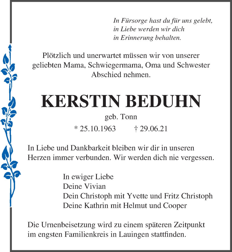  Traueranzeige für Kerstin Beduhn vom 10.07.2021 aus Ostsee-Zeitung GmbH