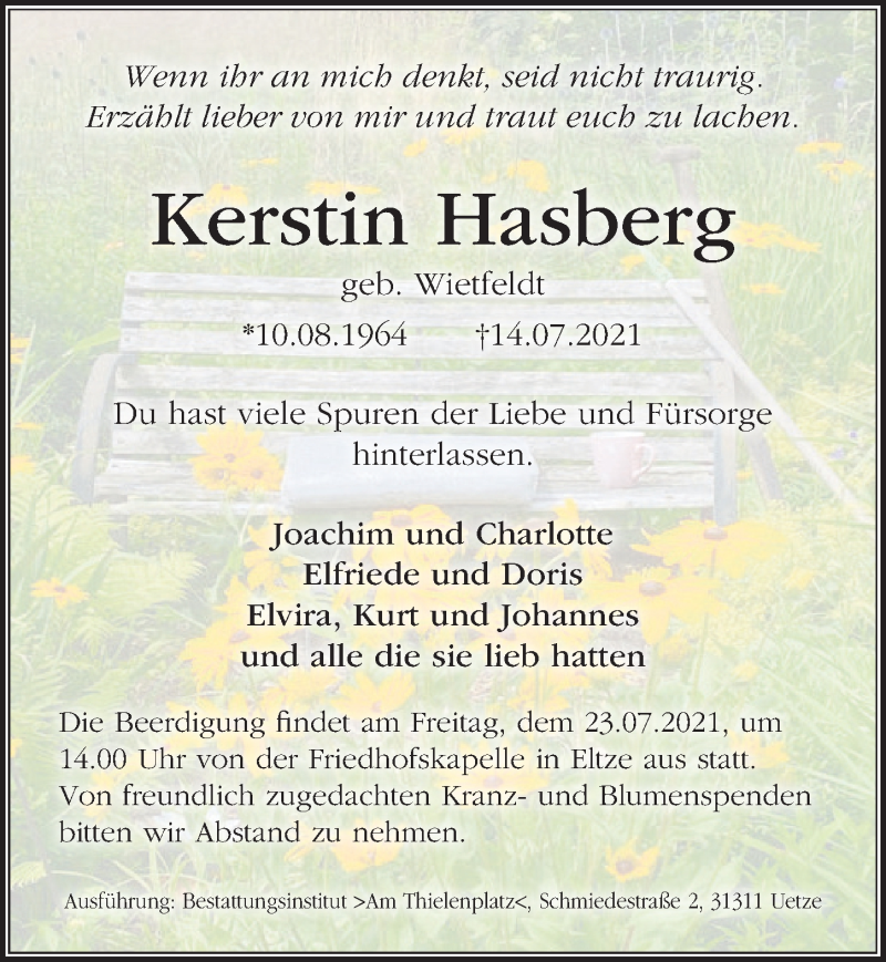  Traueranzeige für Kerstin Hasberg vom 17.07.2021 aus Hannoversche Allgemeine Zeitung/Neue Presse