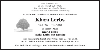 Traueranzeige von Klara Lerbs von Märkischen Allgemeine Zeitung