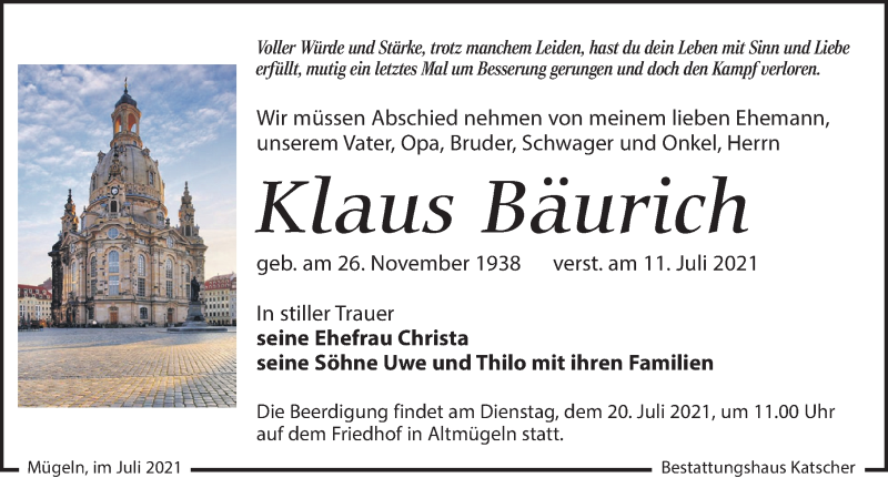  Traueranzeige für Klaus Bäurich vom 17.07.2021 aus Leipziger Volkszeitung