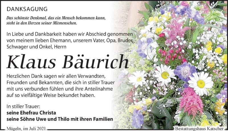  Traueranzeige für Klaus Bäurich vom 31.07.2021 aus Leipziger Volkszeitung