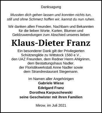 Traueranzeige von Klaus-Dieter Franz von Märkischen Allgemeine Zeitung