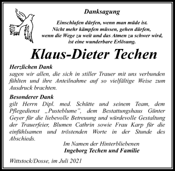 Traueranzeige von Klaus-Dieter Techen von Märkischen Allgemeine Zeitung