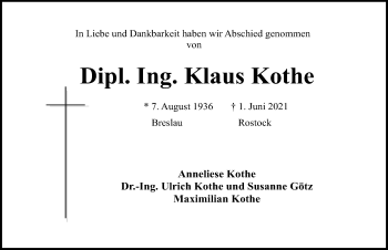 Traueranzeige von Klaus Kothe von Ostsee-Zeitung GmbH