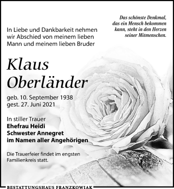 Traueranzeige von Klaus Oberländer von Leipziger Volkszeitung