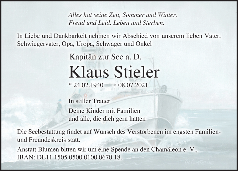  Traueranzeige für Klaus Stieler vom 17.07.2021 aus Ostsee-Zeitung GmbH