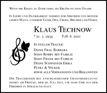 Traueranzeige von Klaus Technow von Ostsee-Zeitung GmbH