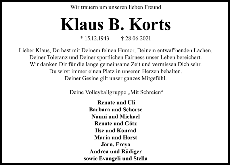 Traueranzeigen Von Klaus B. Korts | Trauer-anzeigen.de