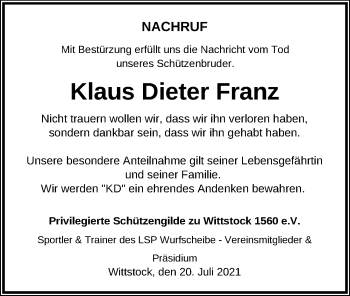 Traueranzeige von Klaus Dieter Franz von Märkischen Allgemeine Zeitung