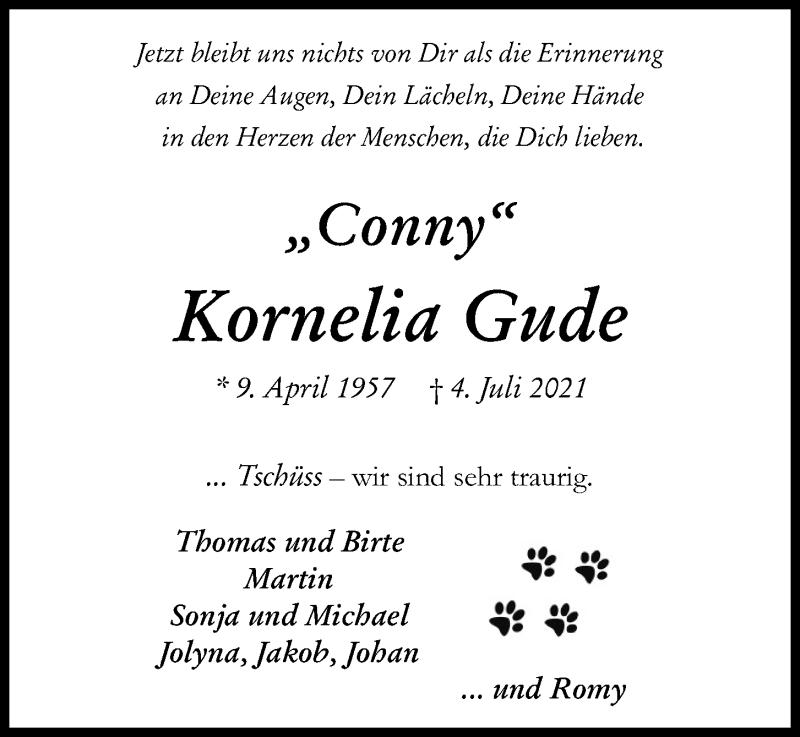  Traueranzeige für Kornelia Gude vom 10.07.2021 aus Kieler Nachrichten