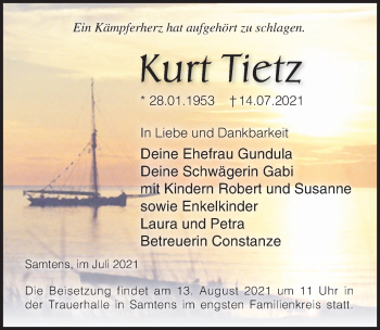 Traueranzeige von Kurt Tietz von Ostsee-Zeitung GmbH