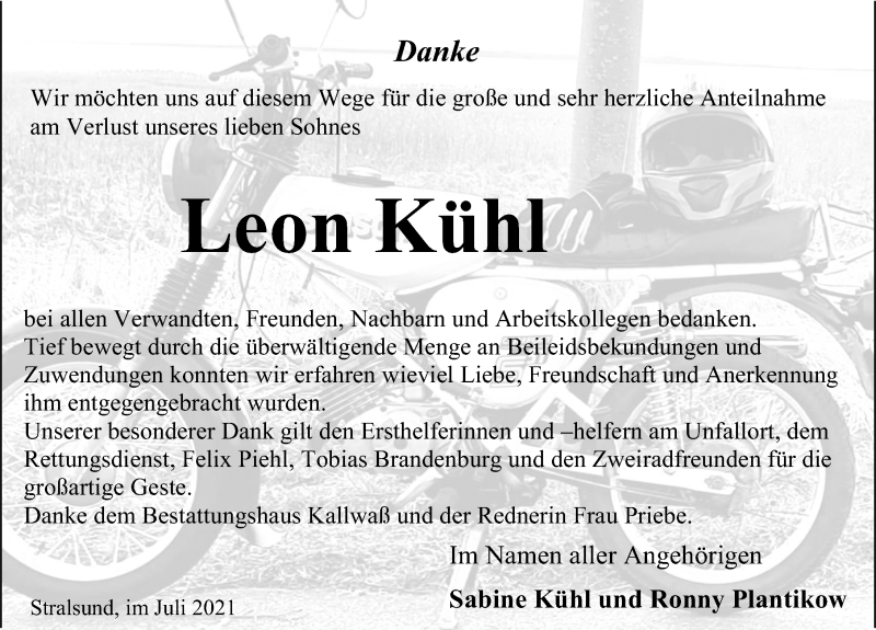  Traueranzeige für Leon Kühl vom 24.07.2021 aus Ostsee-Zeitung GmbH