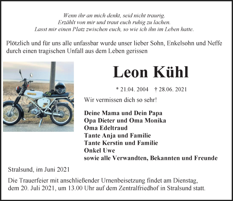  Traueranzeige für Leon Kühl vom 03.07.2021 aus Ostsee-Zeitung GmbH