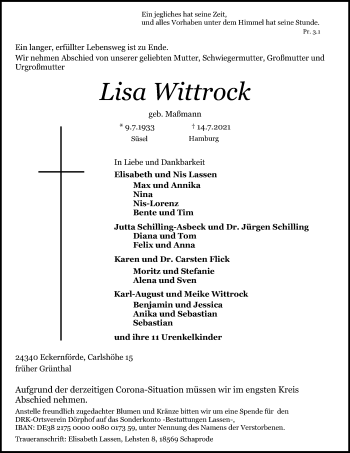 Traueranzeige von Lisa Wittrock von Ostsee-Zeitung GmbH