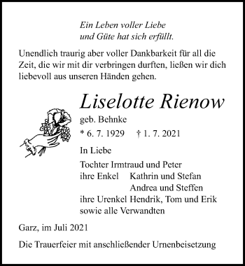 Traueranzeige von Liselotte Rienow von Ostsee-Zeitung GmbH
