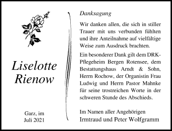 Traueranzeige von Liselotte Rienow von Ostsee-Zeitung GmbH