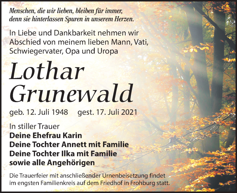  Traueranzeige für Lothar Grunewald vom 31.07.2021 aus Leipziger Volkszeitung