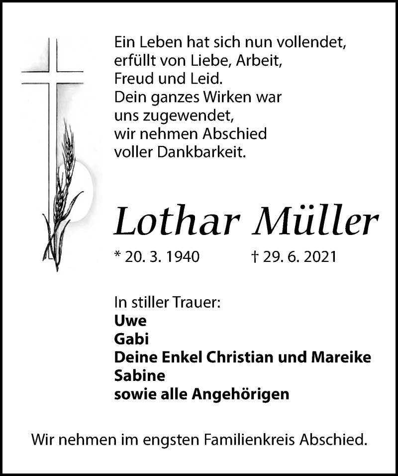 Traueranzeige für Lothar Müller vom 10.07.2021 aus Torgauer Zeitung