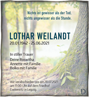 Traueranzeige von Lothar Weilandt von Leipziger Volkszeitung