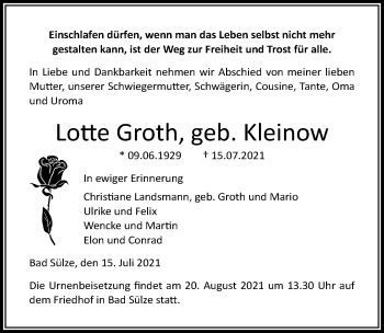 Traueranzeige von Lotte Groth von Ostsee-Zeitung GmbH
