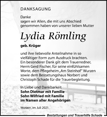 Traueranzeige von Lydia Römling von Leipziger Volkszeitung
