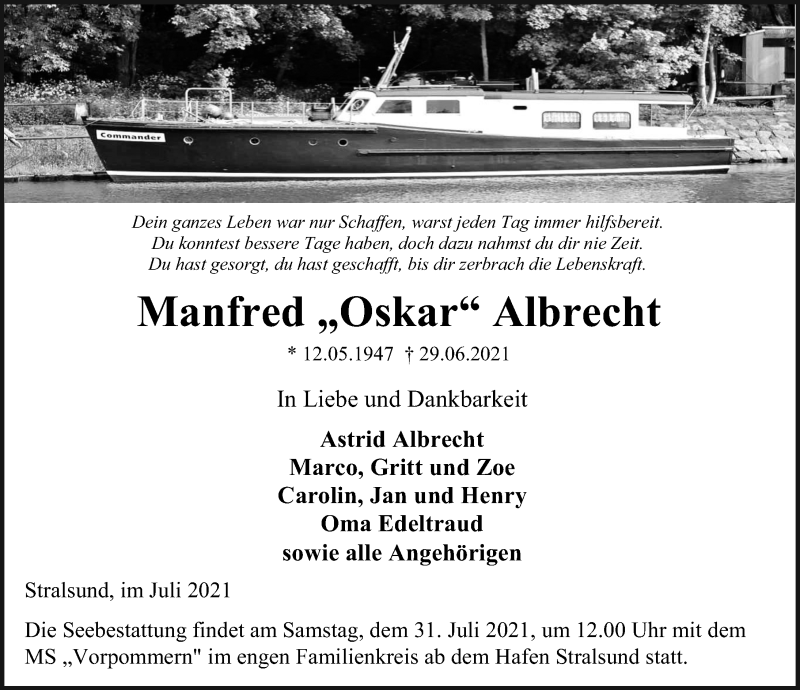 Traueranzeige für Manfred Albrecht vom 10.07.2021 aus Ostsee-Zeitung GmbH