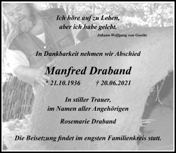 Traueranzeige von Manfred Draband