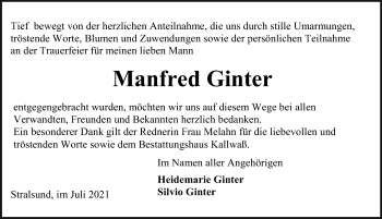 Traueranzeige von Manfred Ginter von Ostsee-Zeitung GmbH