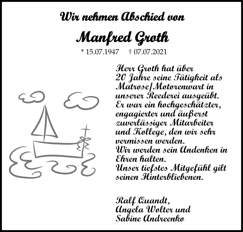  Traueranzeige für Manfred Groth vom 14.07.2021 aus Lübecker Nachrichten