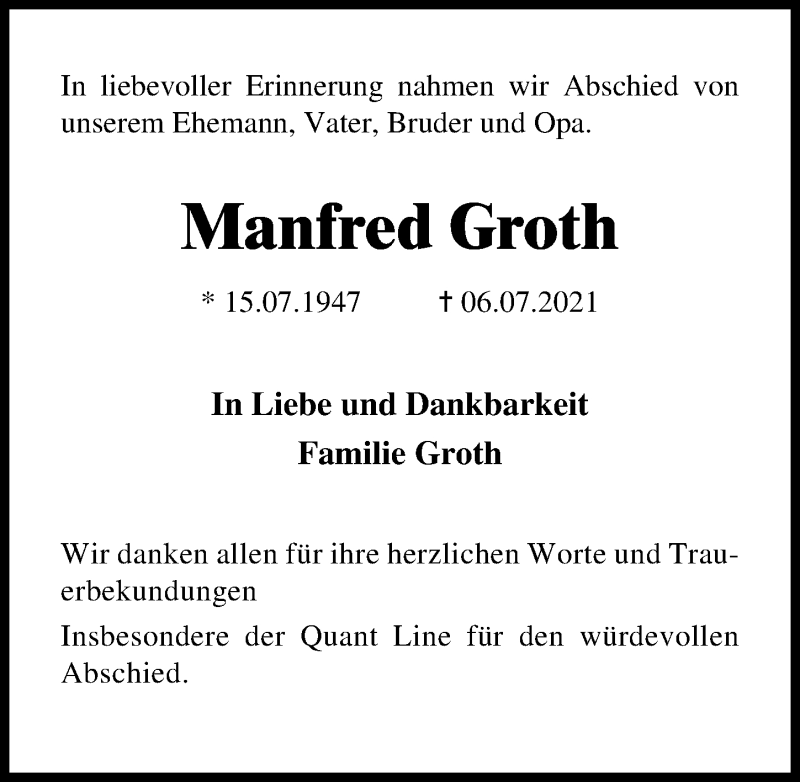  Traueranzeige für Manfred Groth vom 25.07.2021 aus Lübecker Nachrichten