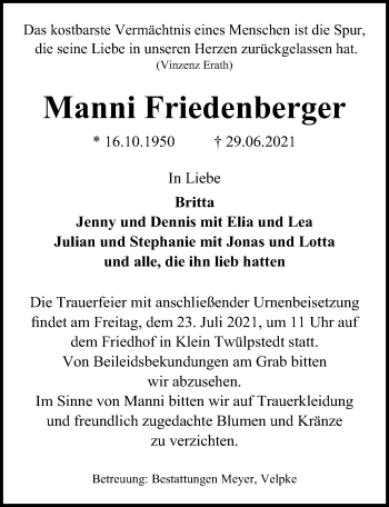 Traueranzeige von Manni Friedenberger von Aller Zeitung