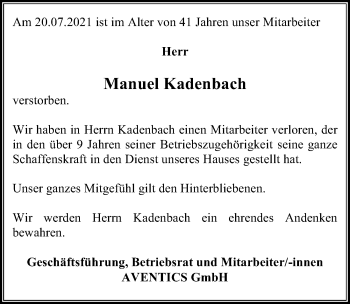 Traueranzeige von Manuel Kadenbach von Hannoversche Allgemeine Zeitung/Neue Presse
