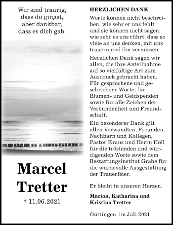 Traueranzeige von Marcel Tretter von Göttinger Tageblatt