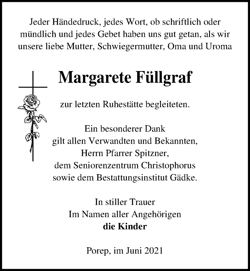  Traueranzeige für Margarete Füllgraf vom 03.07.2021 aus Märkischen Allgemeine Zeitung