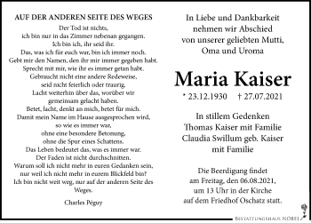 Traueranzeige von Maria Kaiser von Leipziger Volkszeitung