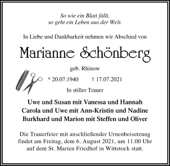 Traueranzeige von Marianne Schönberg von Märkischen Allgemeine Zeitung