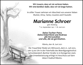 Traueranzeige von Marianne Schroer von Ostsee-Zeitung GmbH