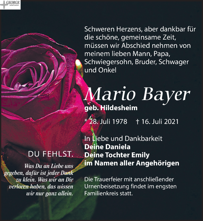  Traueranzeige für Mario Bayer vom 31.07.2021 aus Leipziger Volkszeitung