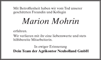 Traueranzeige von Marion Mohrin von Märkischen Allgemeine Zeitung