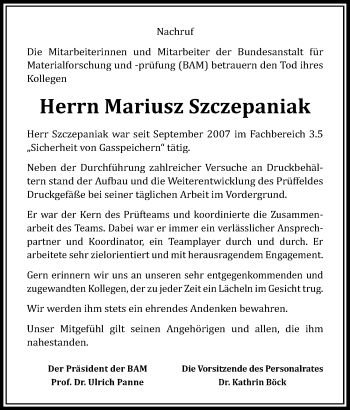 Traueranzeige von Mariusz Szczepaniak von Märkischen Allgemeine Zeitung