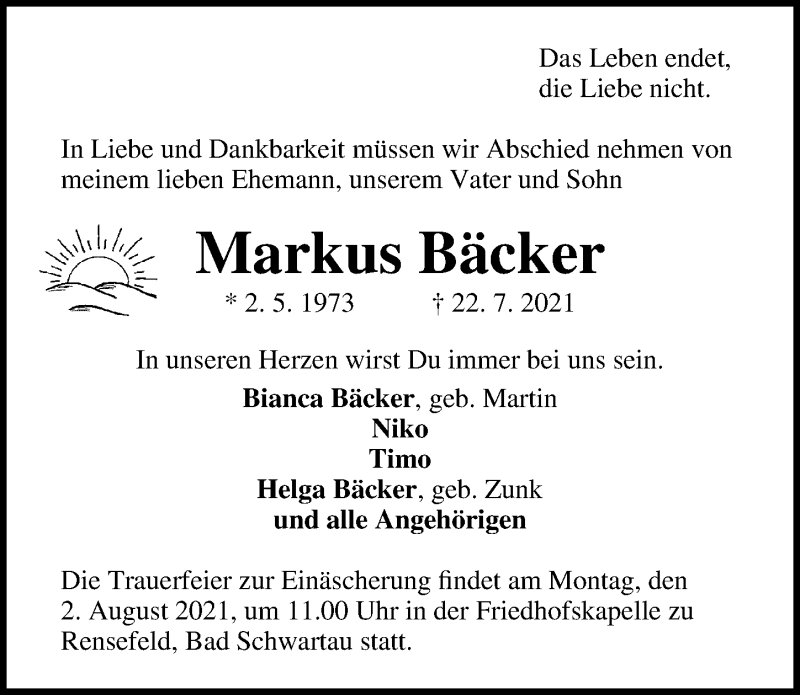  Traueranzeige für Markus Bäcker vom 01.08.2021 aus Lübecker Nachrichten