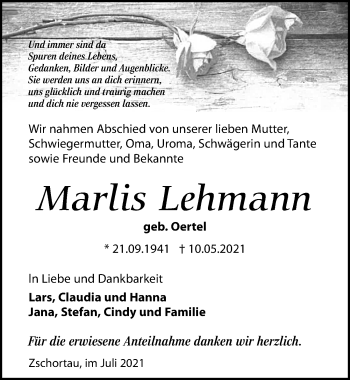 Traueranzeige von Marlis Lehmann von Leipziger Volkszeitung