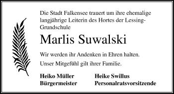 Traueranzeige von Marlis Suwalski von Märkischen Allgemeine Zeitung