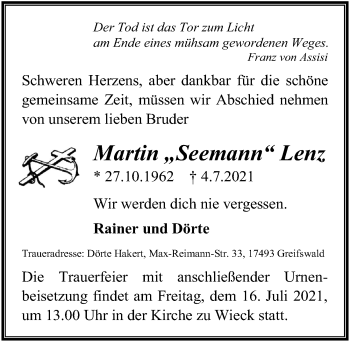 Traueranzeige von Martin Lenz von Ostsee-Zeitung GmbH
