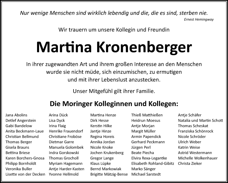  Traueranzeige für Martina Kronenberger vom 24.07.2021 aus Göttinger Tageblatt