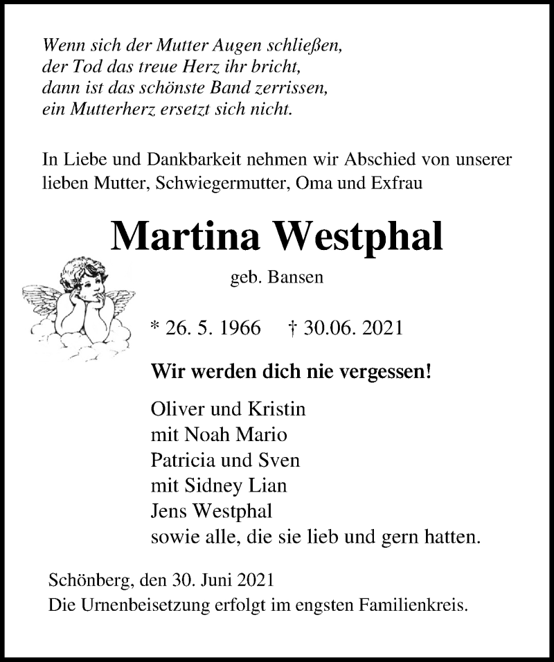  Traueranzeige für Martina Westphal vom 06.07.2021 aus Ostsee-Zeitung GmbH