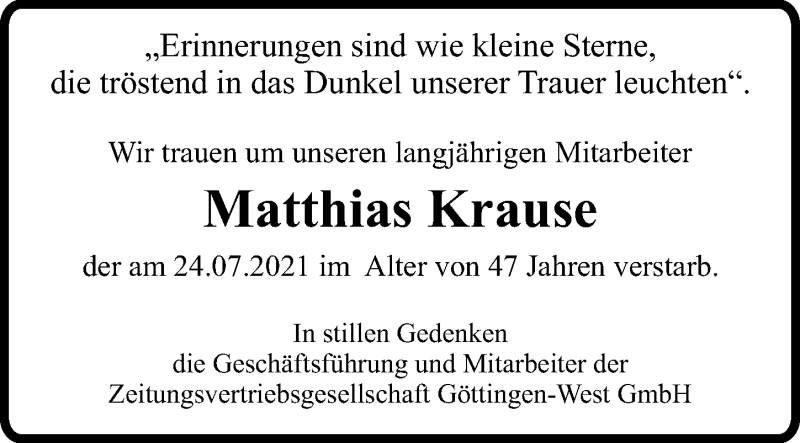  Traueranzeige für Matthias Krause vom 31.07.2021 aus Göttinger Tageblatt