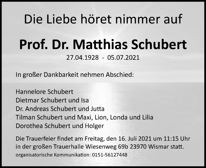  Traueranzeige für Matthias Schubert vom 08.07.2021 aus Ostsee-Zeitung GmbH