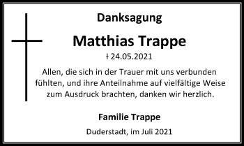Traueranzeige von Matthias Trappe von Eichsfelder Tageblatt
