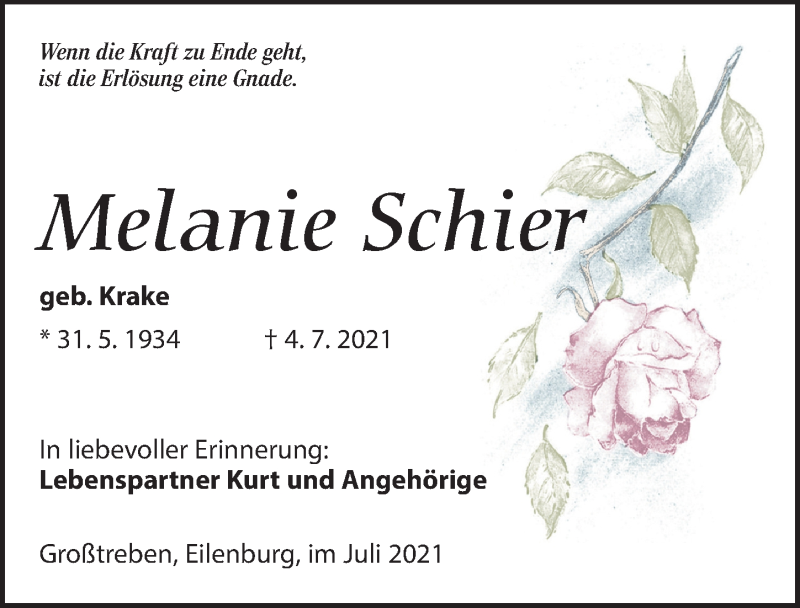  Traueranzeige für Melanie Schier vom 17.07.2021 aus Torgauer Zeitung